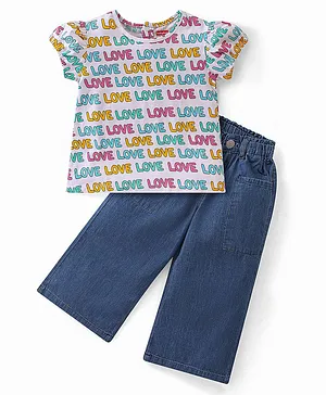 Babyhug 100% Cotton Knit Single Jersey Half Sleeves Top With & Jeans With Text Print - White & Blue