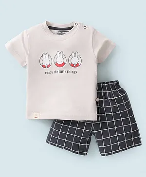 Mini Taurus Cotton Knit Half Sleeves T-Shirt & Shorts With Checkered & Bunny Print - Beige & Black