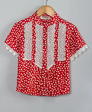 Hugsntugs Half Sleeves Polka Dots Printed & Lace Detailed Top - Red