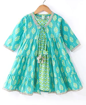 Babyhug Cotton Woven Cambric Printed Ethnic Dress with Three Fourth Sleeves Floral Printed Border Jacket - Green