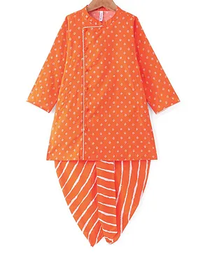 Babyhug Cotton Woven Full Sleeves   Side Placket Kurta Dhoti Set Bandhani Print -Orange