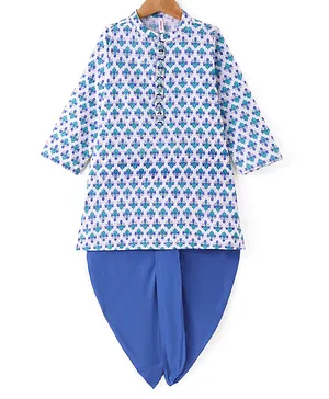 Babyhug Cotton Woven Full Sleeves Floral Printed Kurta Dhoti Set -Blue