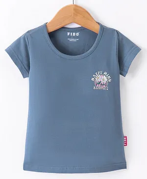 Fido Single Jersey Half Sleeves Text & Floral Printed T-Shirt - Blue