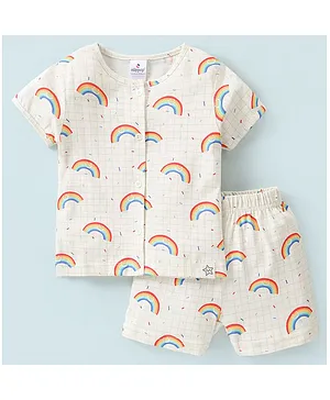 Ollypop Sinker Knit Half Sleeves T-Shirt & Shorts With Rainbow Print - Cream
