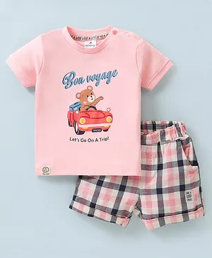 Ollypop Sinker Knit Half Sleeves T-Shirt & Shorts With Teddy Print - Pink