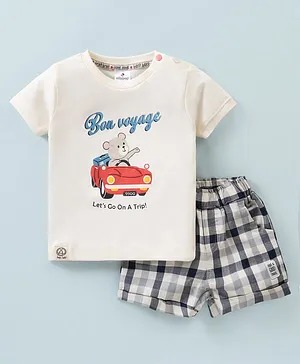 Ollypop Sinker Knit Half Sleeves T-Shirt & Shorts With Teddy Print - Cream
