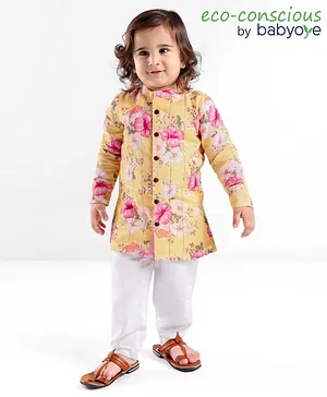 Babyoye Cotton Woven Full Sleeves Kurta Pyjama Set Floral Print -Yellow