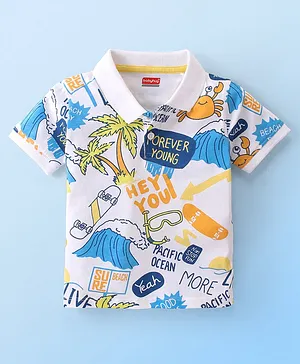 Babyhug Cotton Knit Half Sleeves Polo T-Shirt Beach Print - White