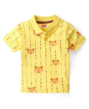 Babyhug Cotton Knit Half Sleeves Polo T-Shirt Fox Print - Yellow