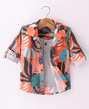 Dapper Dudes Full Sleeves Leaves Printed Shirt With Attached Tee - Orange