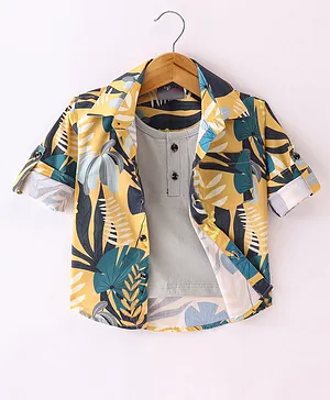 Dapper Dudes Full Sleeves Leaves Printed Shirt With Attached Tee - Yellow