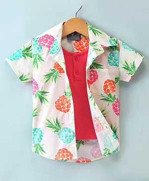 Dapper Dudes Half Sleeves Fruits Printed Shirt With Attached Tee - Pink