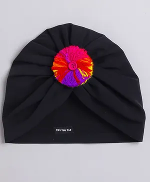 Tipy Tipy Tap Holi Theme Pom Pom Applique Detailed Turban Cap - Black