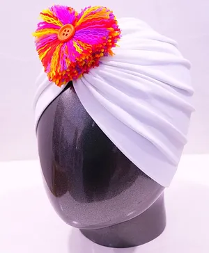 Tipy Tipy Tap Holi Theme Heart Shape Pom Pom Applique Detailed Turban Cap - White