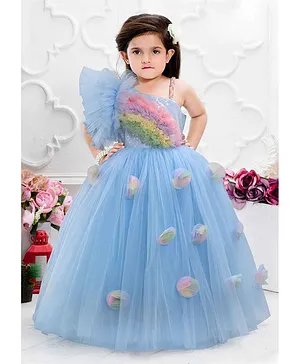 Blue Net Gown With Rainbow Pattern Ruffle Design For Girls