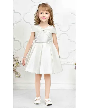 Elegant White Satin Frock With Bow Style Neckline For Girls
