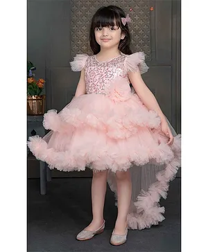 Peach Shimmer Tailback Party Wear Frock With Floral Embellishment For Girls