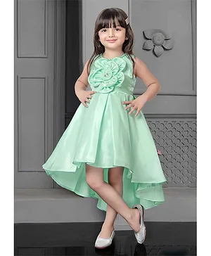 Pista Green  Satin High Low Frock With Flower Embellishment