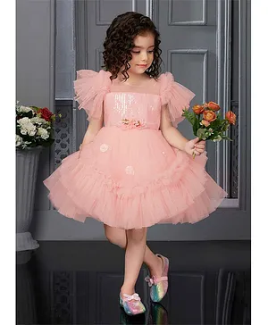Lagorii Peach Sequin Ruffle Frock With Flower Embellishments For Girls