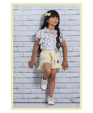 Lagorii White Chiffon Floral Printed Top With Yellow Shorts Set For Girls