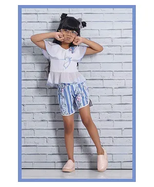lagorii White Chiffon Top With Blue Shorts With Stripes Set For Girls