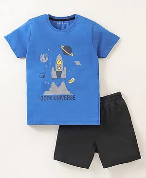 Doreme Single Jersey Half Sleeves T-Shirt & Shorts with Rocket Print - Olympic Blue