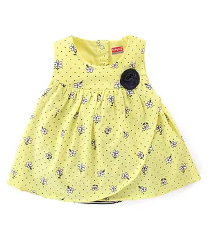 Babyhug 100% Cotton Knit Sleeveless Frock Style Onesie with Corsage Floral & Polka Dots Print - Yellow