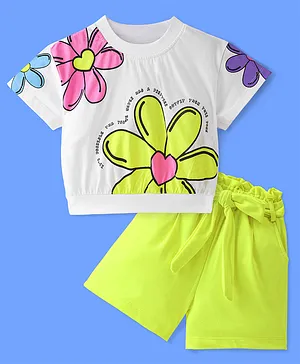 Ollington St. 100% Cotton Half Sleeves Top with Floral Print & Shorts with Self Fabric Belt - White & Neon Green