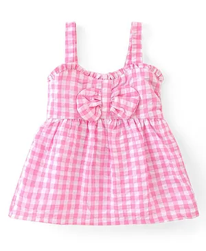 Babyhug Cotton Checked Sleeveless Woven Top With Bow Detailing - Pink