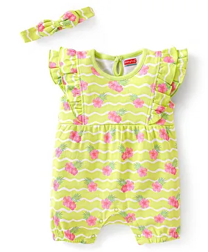 Babyhug 100% Cotton Knit Frill Sleeves Romper with Hairband Floral Print -  Green
