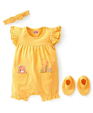 Babyhug 100% Cotton Frill Sleeves Romper With Headband & Booties Floral Print - Yellow