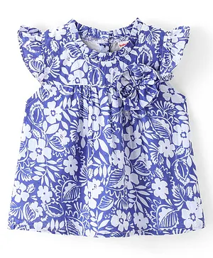 Babyhug 100% Cotton Frill Sleeves Woven Top With Bow Detailing & Floral Print - Blue