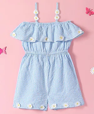 Nauti Nati Cold Shoulder Checked  & Floral Detailed Jumpsuit - Blue