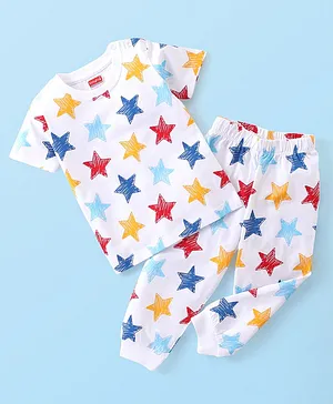 Babyhug Cotton Knit Half Sleeves Night Suit Star Print - Multicolour