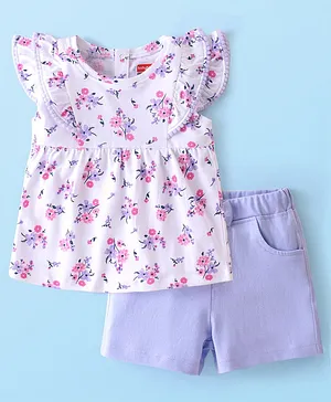Babyhug 100% Cotton Knit Single Jersey Cap Sleeves Top & Short With Floral Print - White & Purple