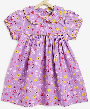 Campana 100% Cotton Half Sleeves Floral Printed Dress - Purple
