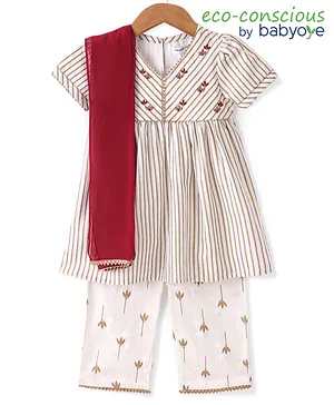 Babyoye Cotton Woven Half Sleeves Striped Kurta & Pallazo Set with Dupatta  Floral Print - Offwhite & Gold