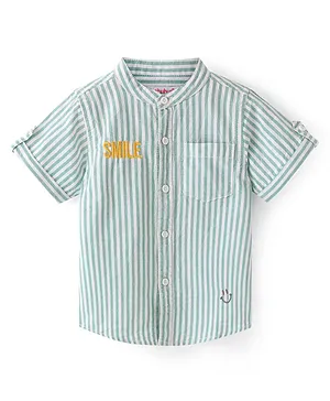 Babyhug Cotton Woven Half Sleeves Shirt Stripes & Text Embroidery - Green