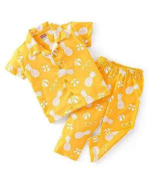 Babyhug Cotton Knit Single Jersey Half Sleeves Night Suit With Pineapple Print - Yellow
