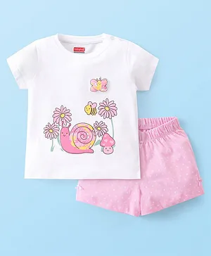 Babyhug Cotton Knit Single Jersey Half Sleeves Night Suit With Snail Print - White & Pink