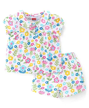 Babyhug Cotton Knit Single Jersey Half Sleeves Night Suit With Floral Print - White