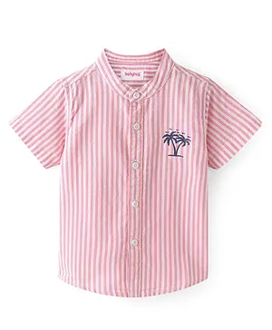 Babyhug Cotton Woven Half Sleeves Shirt Stripes & Palm Tree Embroidery - Peach