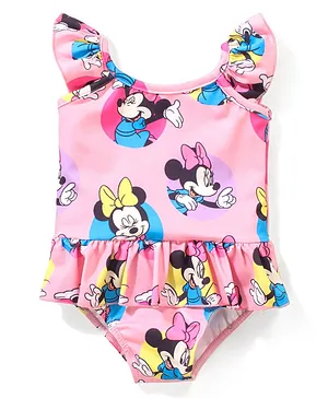 Babyhug Disney Flutter Sleeves  Frock Swimsuit with Minnie Mouse  Print - Pink