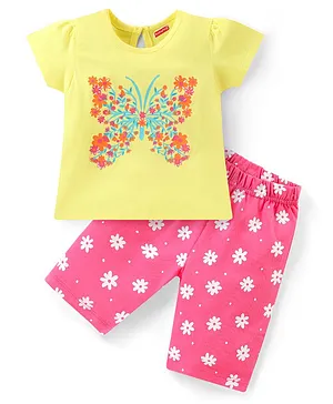 Babyhug Cotton Knit Half Sleeves Capri Night Suit Butterfly Print - Yellow & Pink