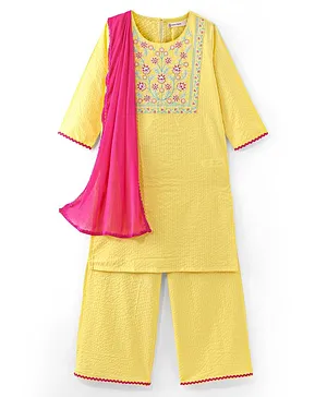 Earthy Touch 100% Cotton Woven Three Fourth Sleeves Kurti Churidar Set with Floral Embroidery -Yellow