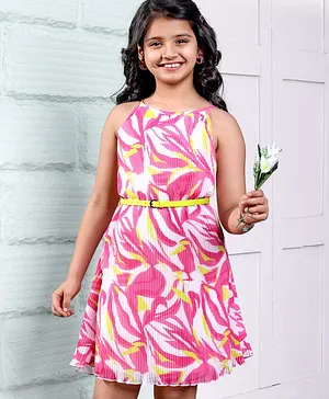 Hola Bonita Woven Sleeveless Knee Length Printed Frock in Pleated Fabric - Pink