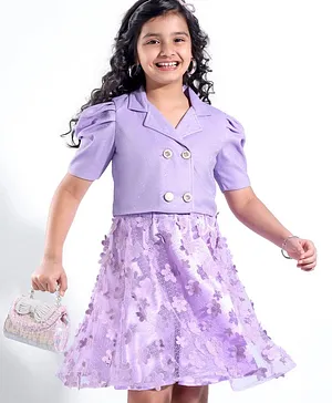 Hola Bonita Glitter Puff  Sleeve Top  and Flower Lace Detailed Skirt - Purple