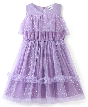 Hola Bonita Sleeveless  Party  Foil Printed Mesh Frock with Frill Detailing - Purple