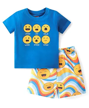 Babyhug Cotton Knit Single Jersey Half Sleeves Night Suit With Emoji Print - Blue