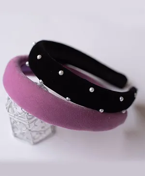 Ribbon candy Set Of 2 Soft Velvet Padded & Pearl Embellished Hair Bands - Black & Purple